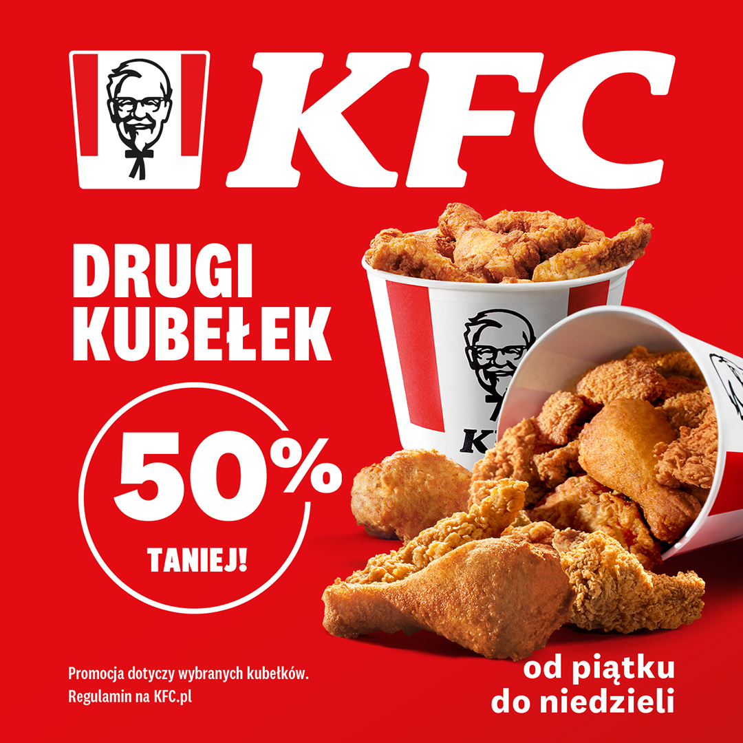Promocja KFC: drugi kubełek 50% taniej.