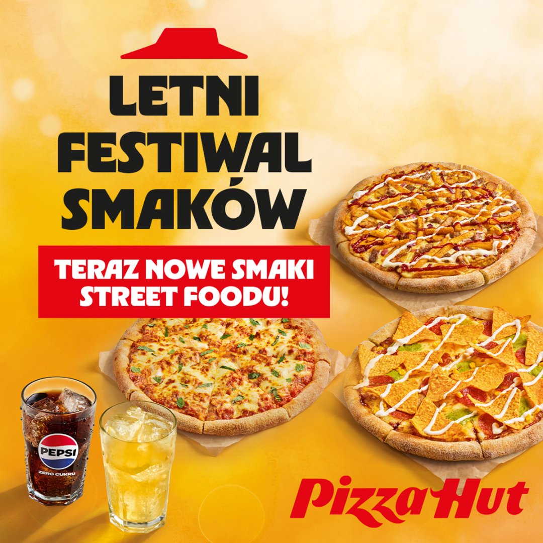 Plakat promujący letni festiwal smaków z pizzami i napojami.