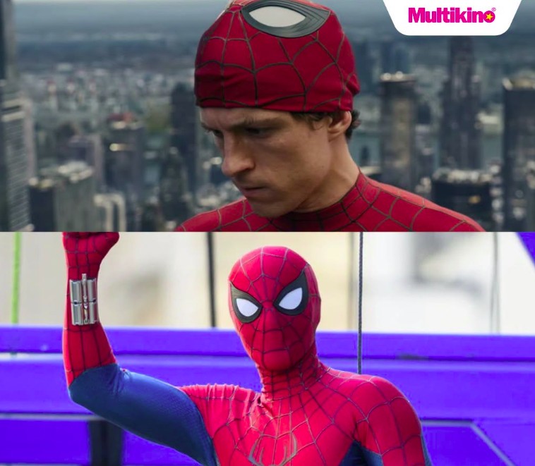 Bohater filmowy w kostiumie Spider-Mana na tle miasta.