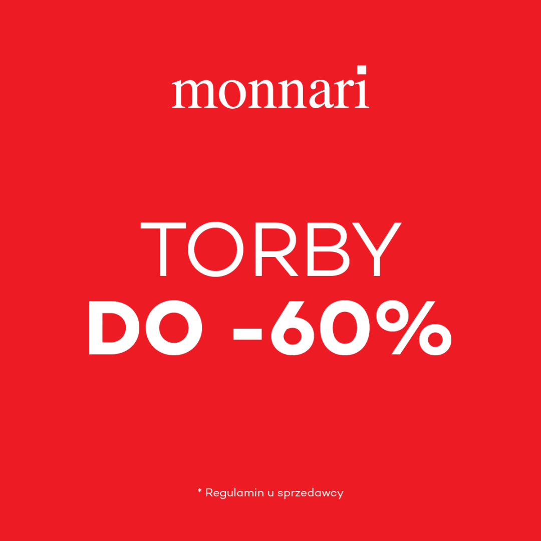 Czerwona grafika z napisem Monnari, torby do minus 60 procent.