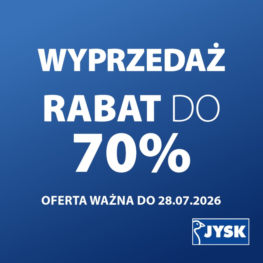 Grafika promocyjna z napisem: Wyprzedaż, rabat do 70%, oferta ważna do 28.07.2026.