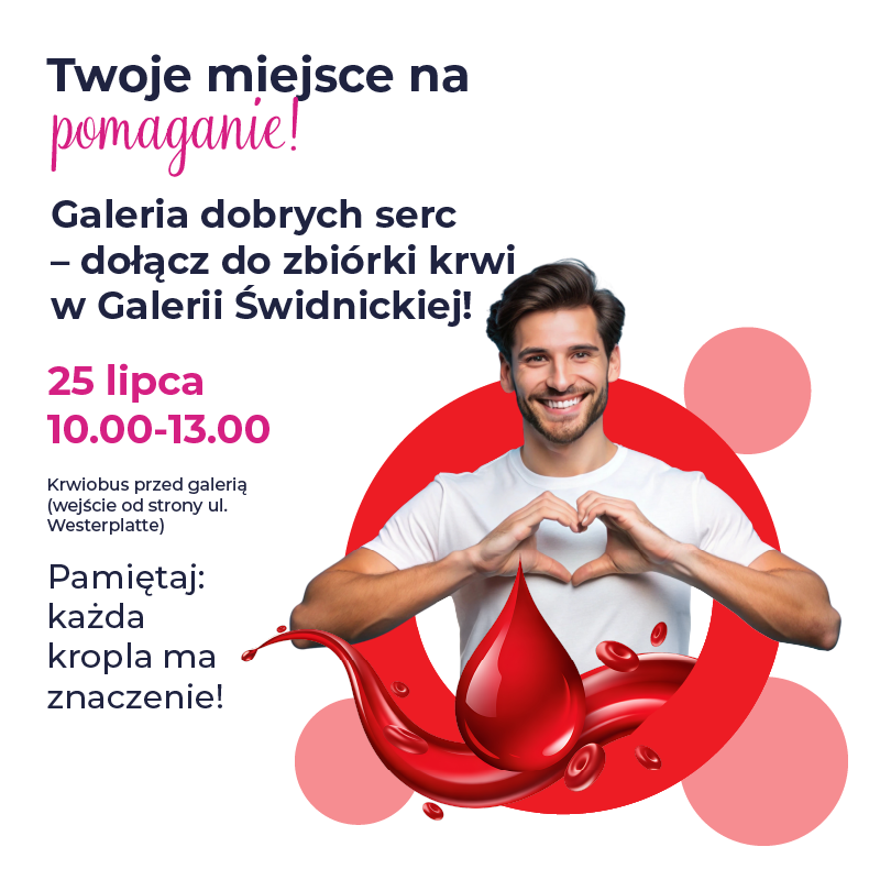 Mężczyzna w białej koszulce pokazuje serce rękami, krople krwi na pierwszym planie.