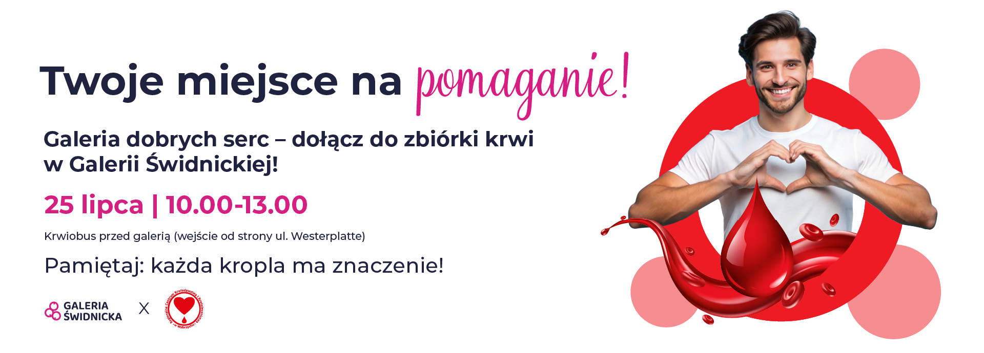 Mężczyzna pokazujący serce dłońmi, zaproszenie na zbiórkę krwi.