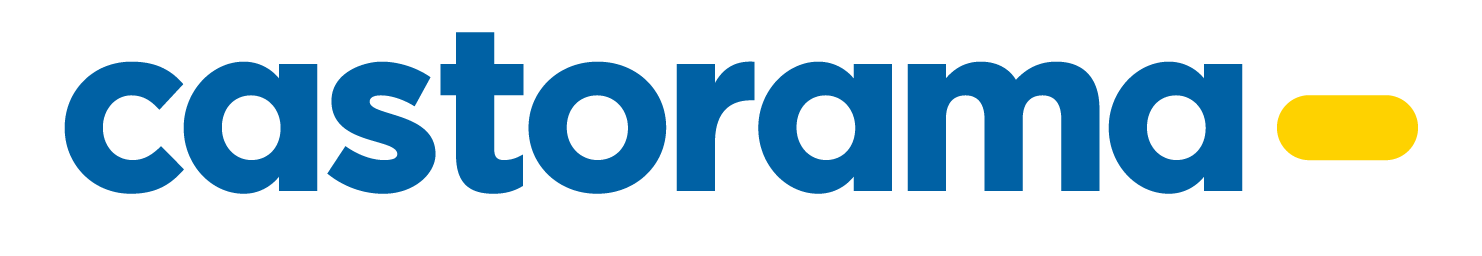 Logo Castorama z niebieskim napisem i żółtym elementem