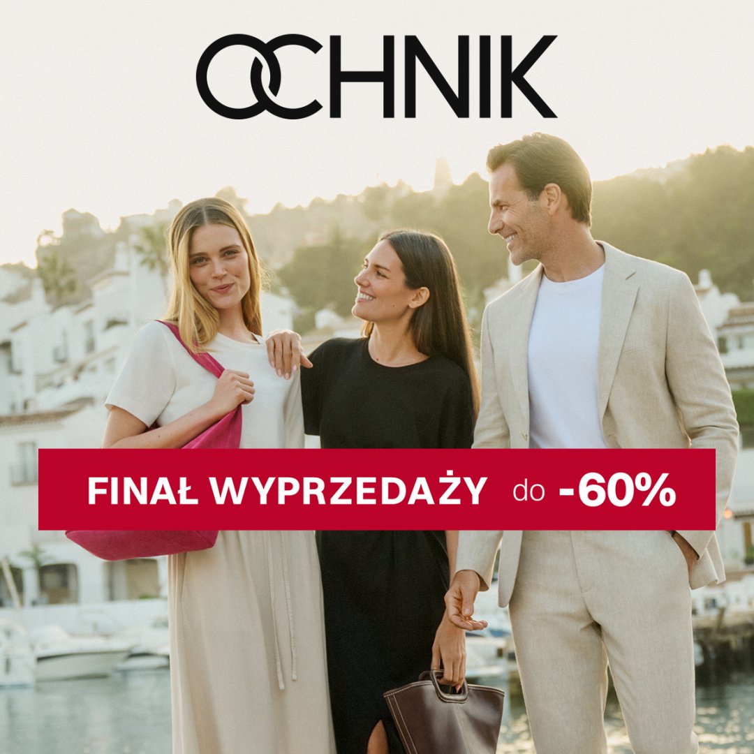 Trzy osoby uśmiechnięte w eleganckich ubraniach na tle miasta.