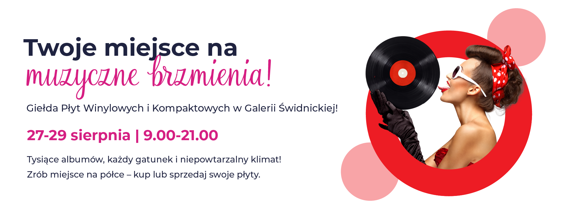 Kobieta trzymająca winylową płytę na tle reklamy giełdy płyt.