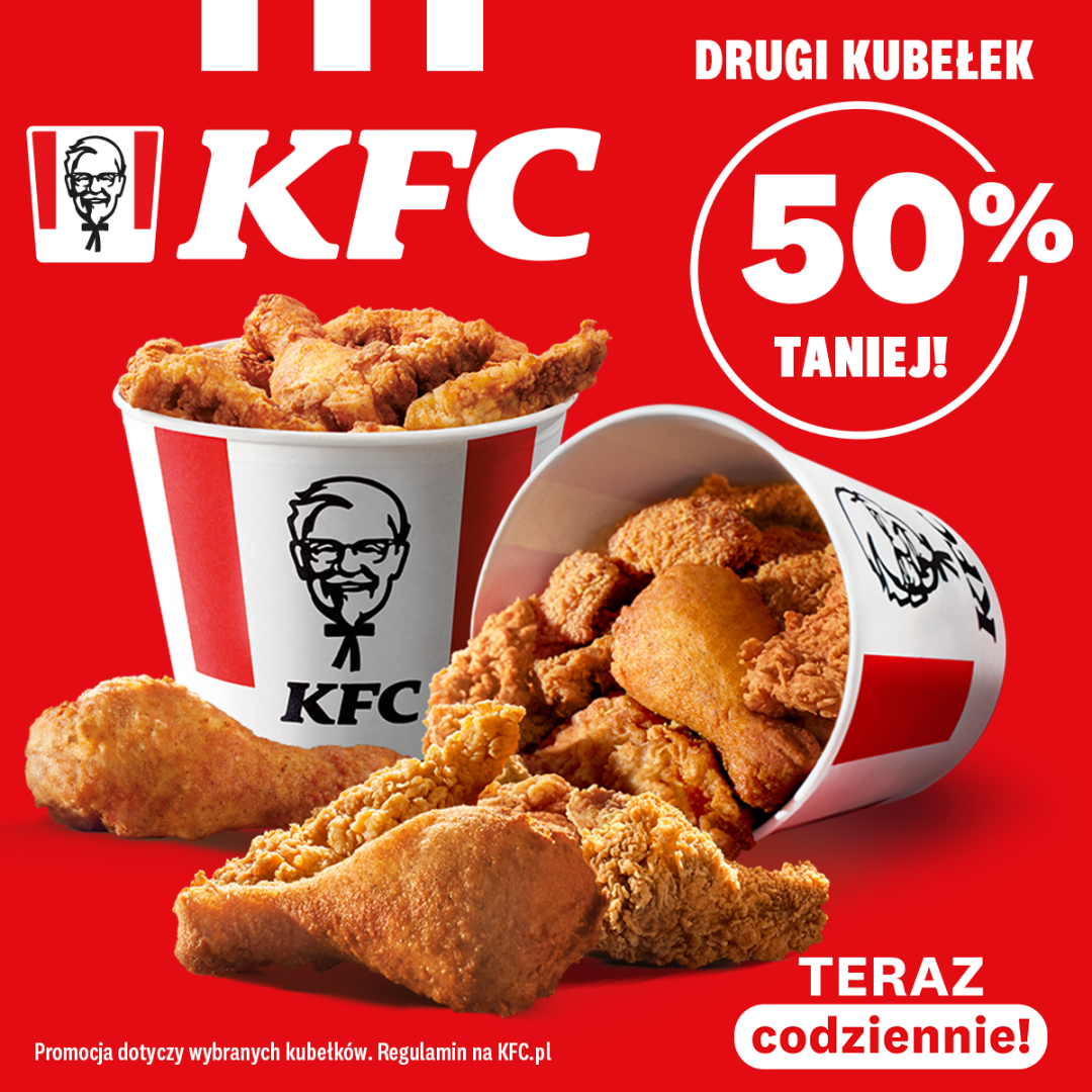 Promocja KFC: drugi kubełek 50% taniej.