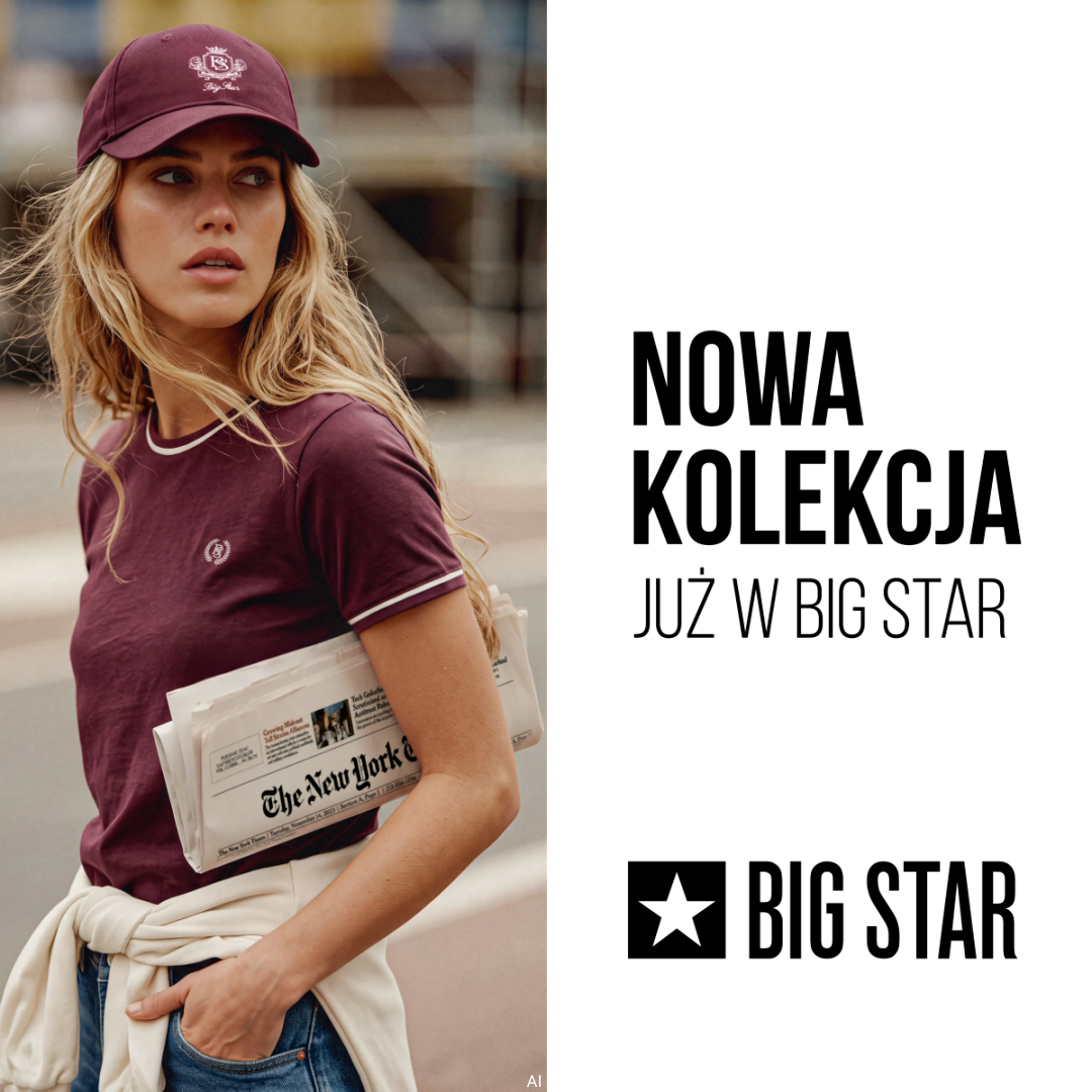 Modelka w fioletowej koszulce i czapce z nowej kolekcji Big Star.