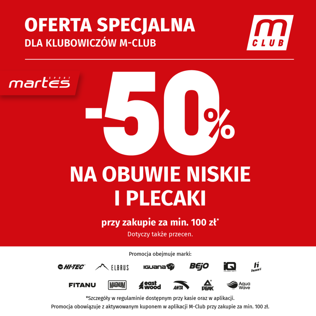 Oferta specjalna -50% na obuwie niskie i plecaki dla klubowiczów M-Club.