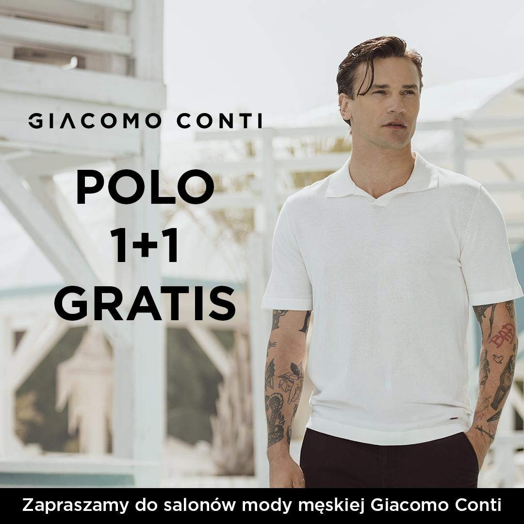 Mężczyzna w białej koszulce polo, oferta 1+1 gratis.