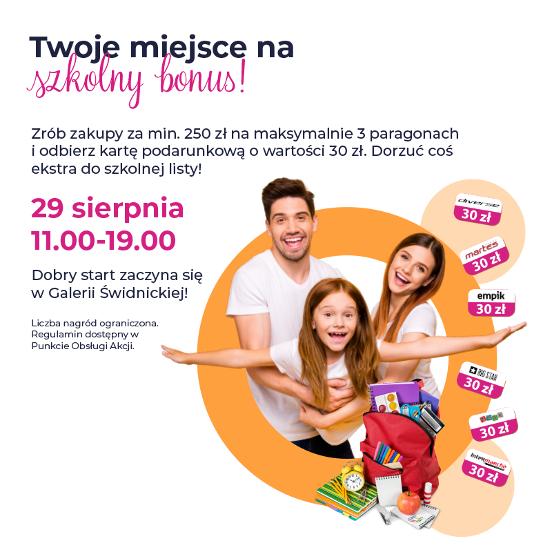 Rodzina z dziećmi promująca akcję szkolną w Galerii Świdnickiej.