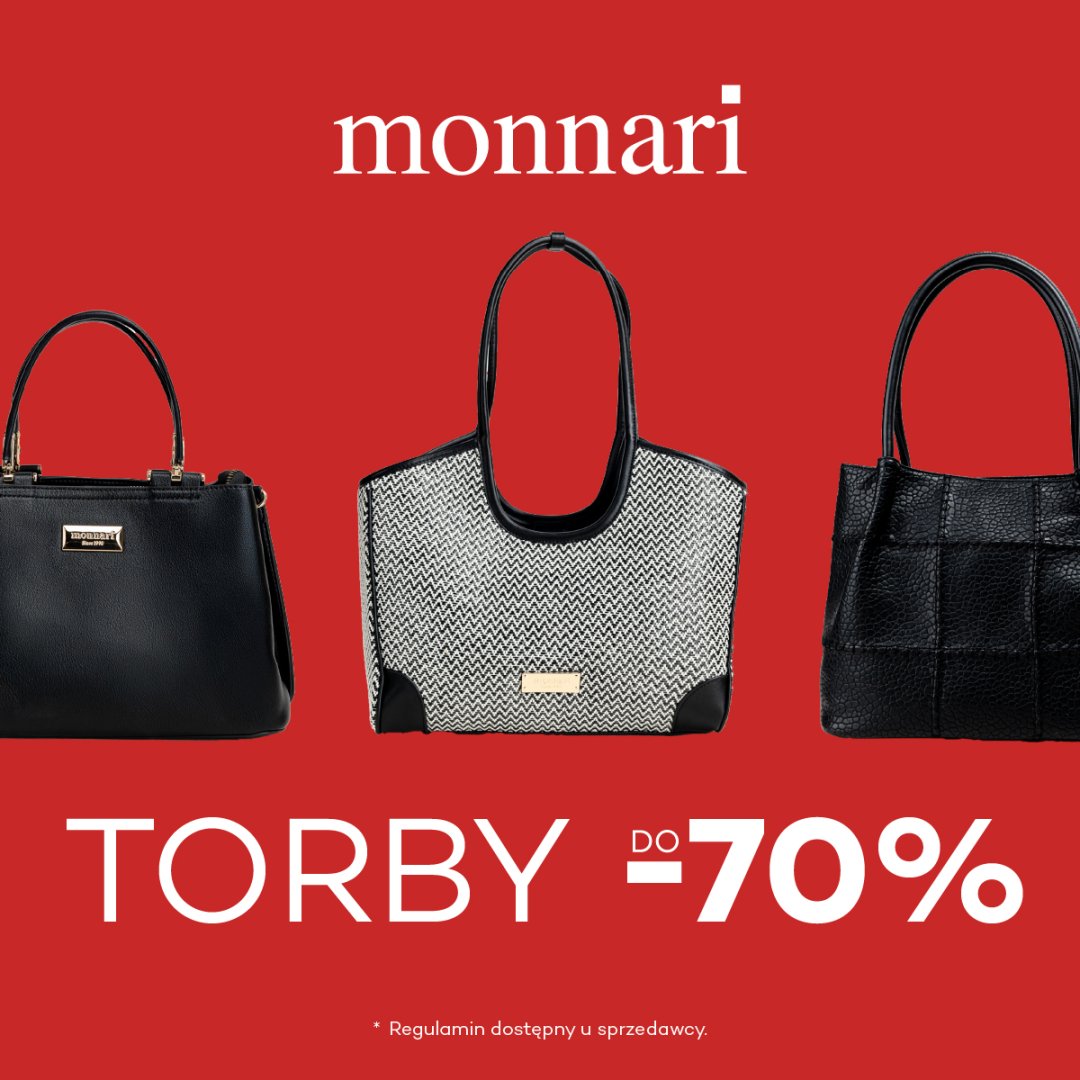 Trzy torby na czerwonym tle z napisem 'Torby do 70%'.