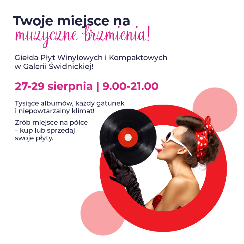 Kobieta z winylem na tle informacji o giełdzie płyt.