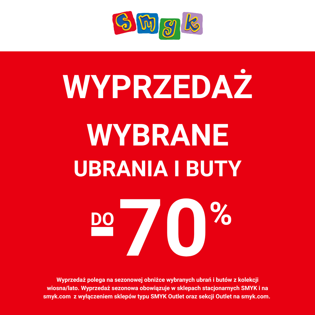 Plakat promujący wyprzedaż ubrań i butów do 70%.