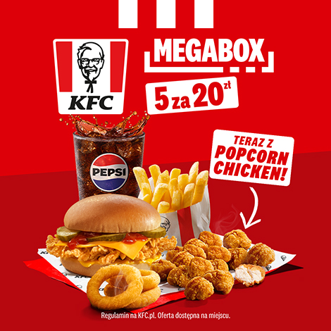 Zestaw KFC Megabox z burgerem, frytkami, napojem i popcorn chicken.