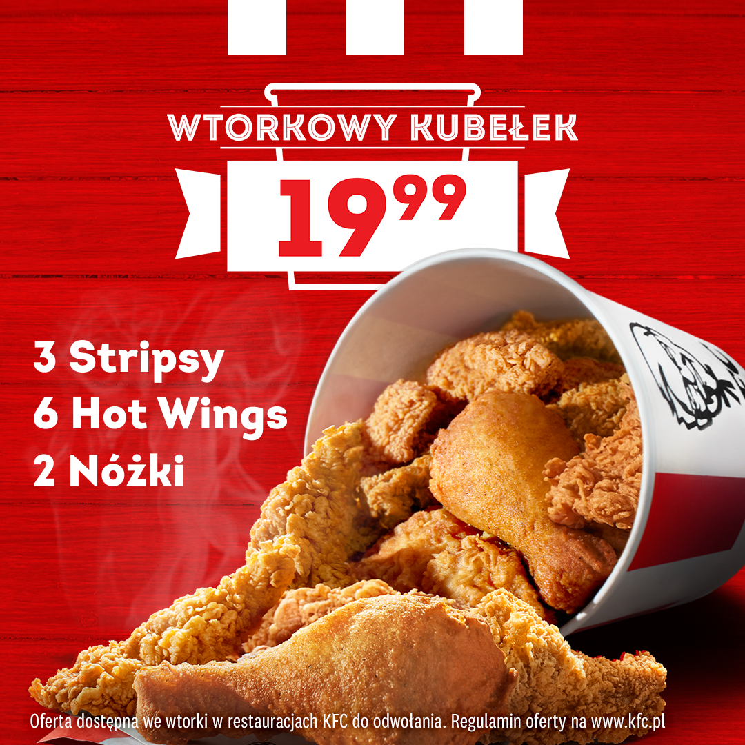 Kubełek KFC z kurczakiem w promocji wtorkowej za 19,99 zł.