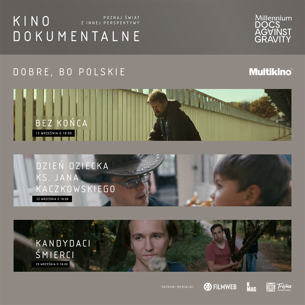 Plakat promujący polskie kino dokumentalne z trzema filmami.