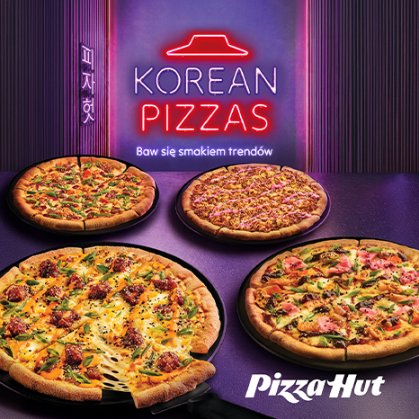 Cztery koreańskie pizze w Pizza Hut na fioletowym tle.