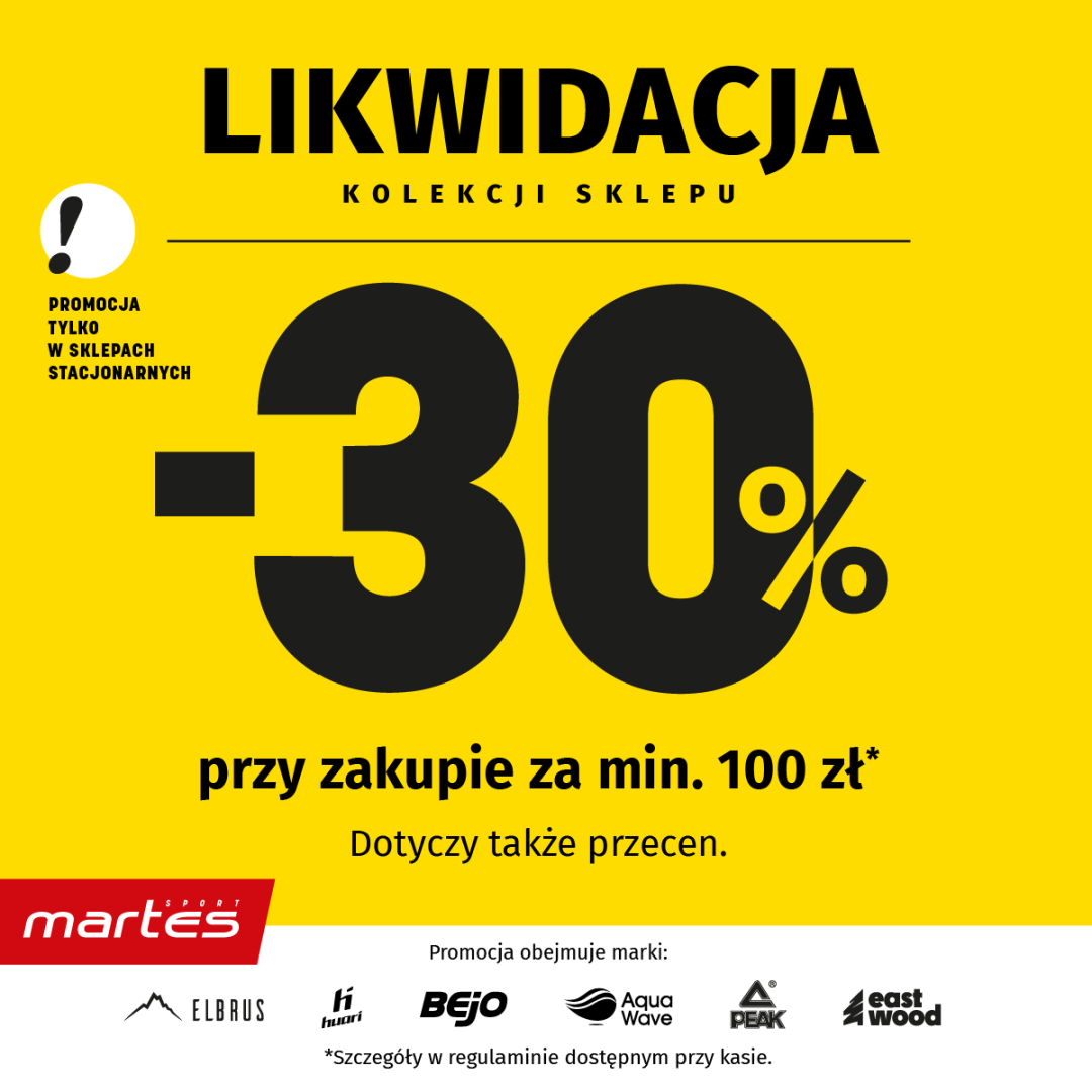 Baner promocyjny z napisem Likwidacja kolekcji sklepu, zniżka 30%.