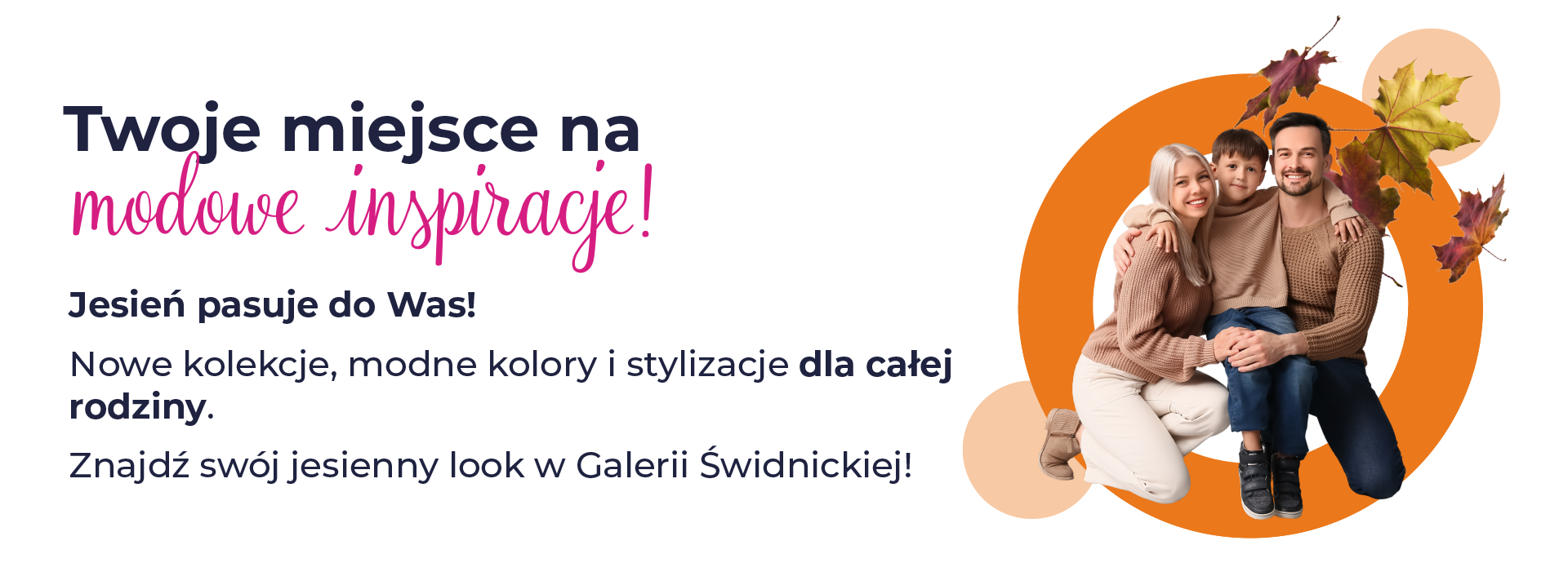Rodzina w jesiennych ubraniach na tle liści.