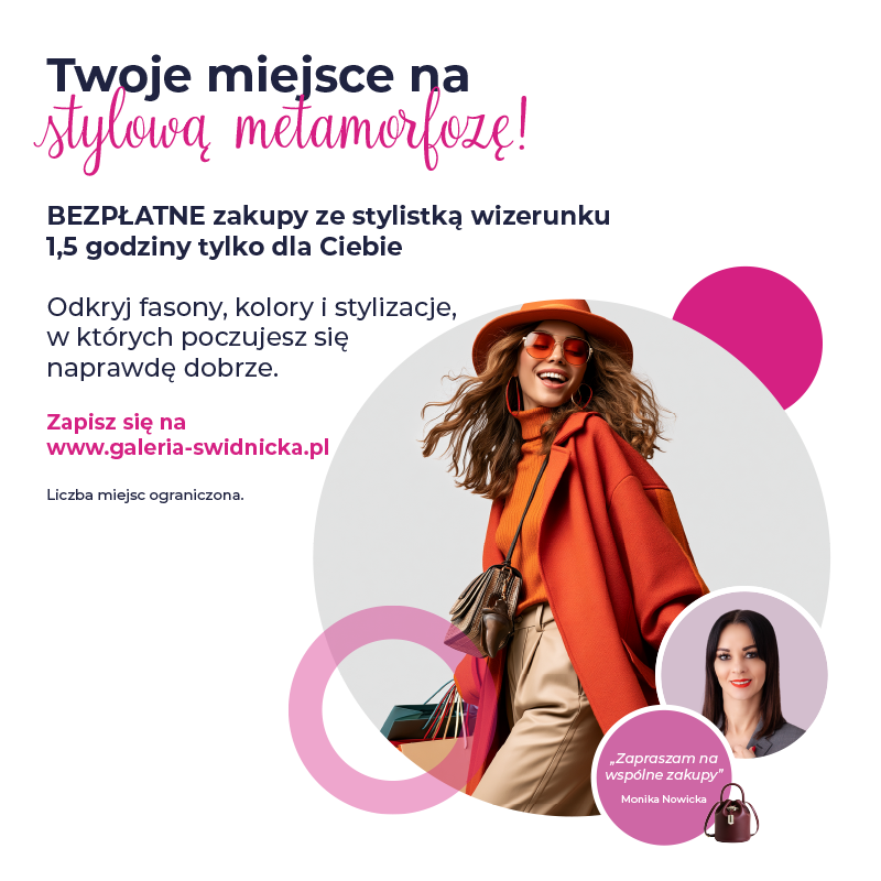 Stylowa kobieta w kapeluszu i płaszczu, zaproszenie na zakupy ze stylistką.