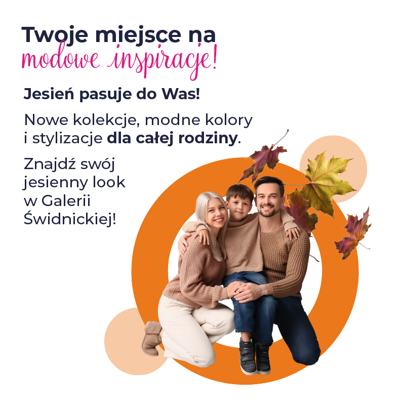 Rodzina w jesiennych stylizacjach na tle liści.