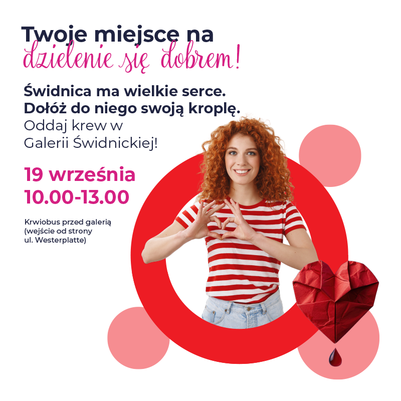 Plakat promujący akcję oddawania krwi w Świdnicy z uśmiechniętą kobietą.