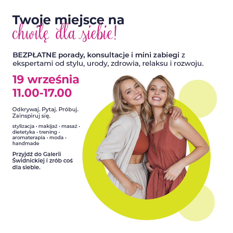 Dwie uśmiechnięte kobiety na tle informacji o wydarzeniu.