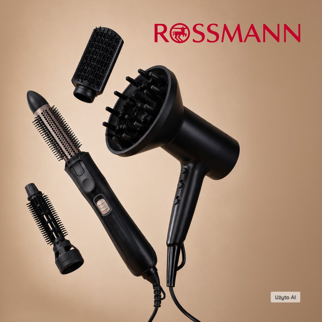 Zestaw suszarki do włosów z akcesoriami na tle z logo Rossmann.