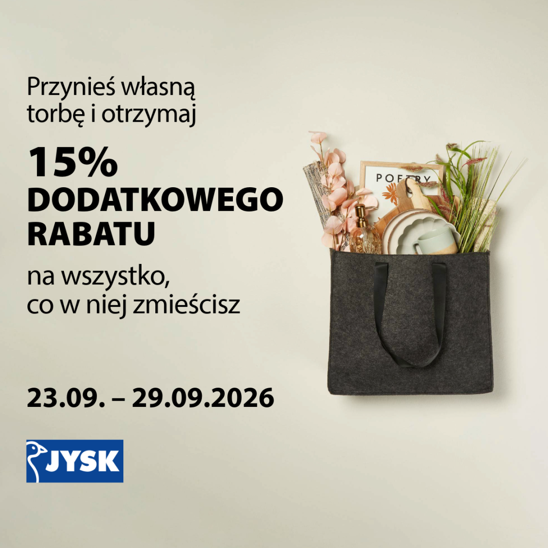Czarna torba z produktami i informacją o rabacie 15%.