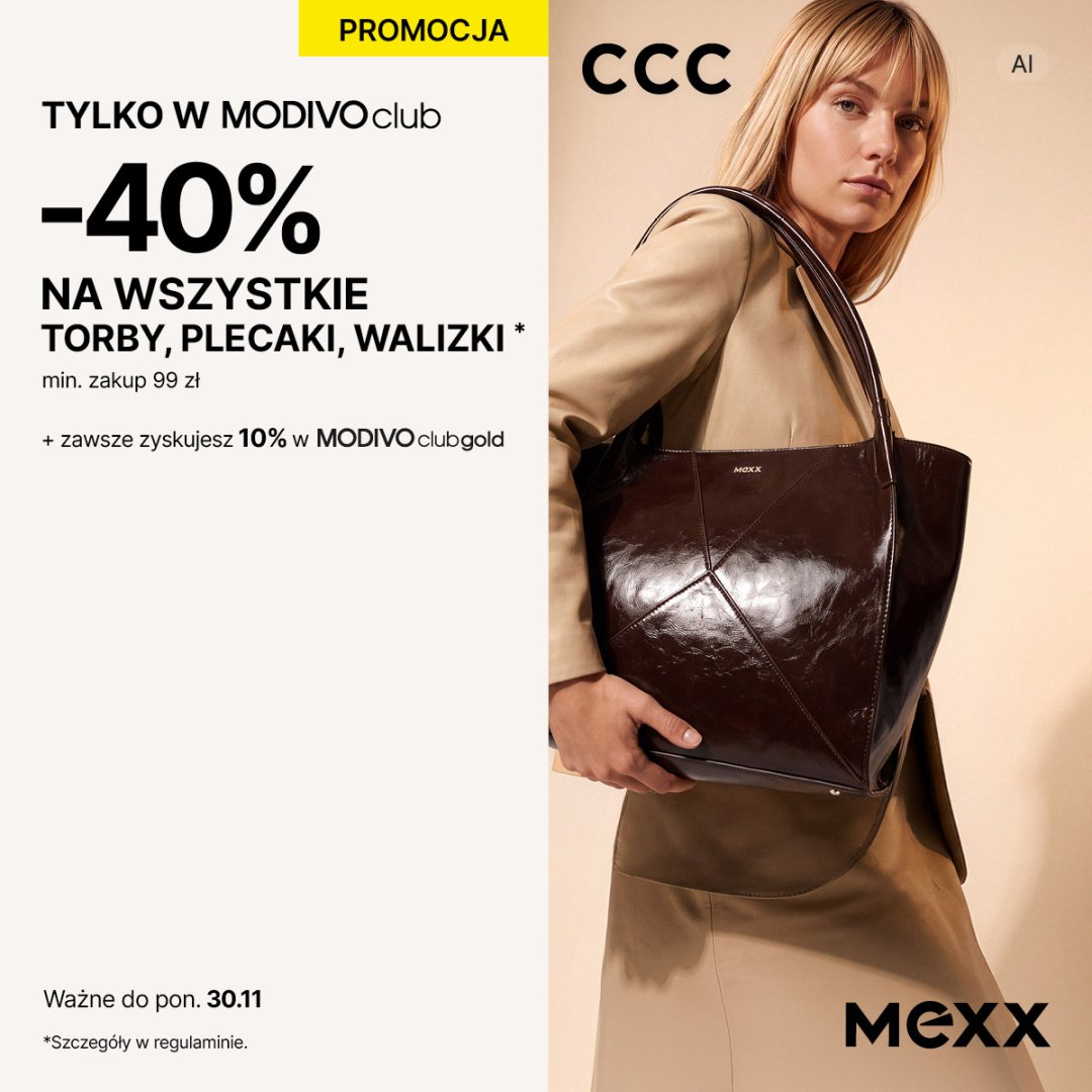 Kobieta z brązową torebką, promocja -40% na Modivo.