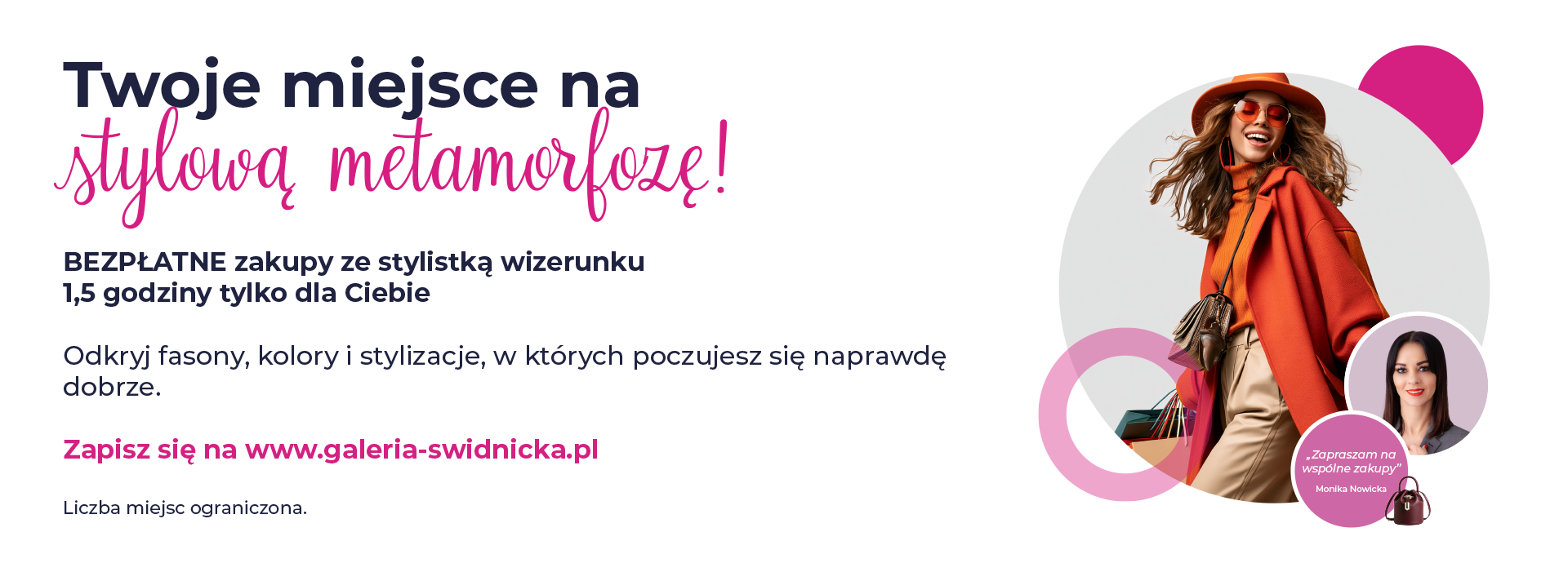 Kobieta w modnym stroju z torbami na zakupy, promująca zakupy ze stylistką.