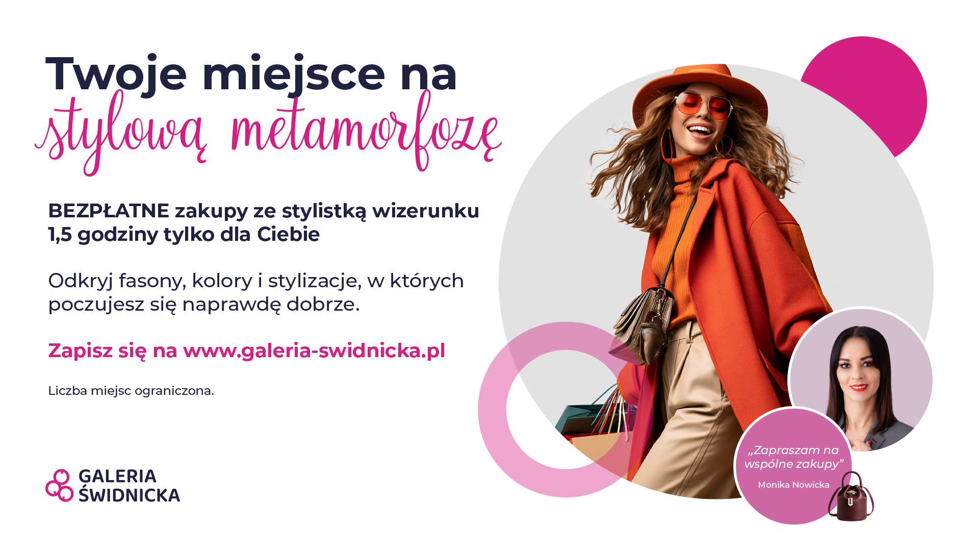 Kobieta w modnym stroju z torbami na zakupy, zaproszenie na zakupy ze stylistką.