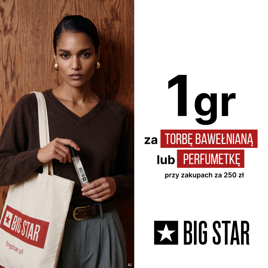Kobieta z torbą Big Star, promocja na torbę bawełnianą lub perfumetkę.