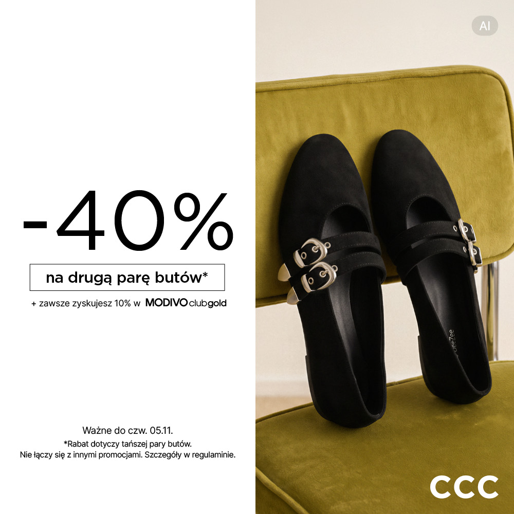 Czarne buty na krześle z promocją -40% na drugą parę w CCC.