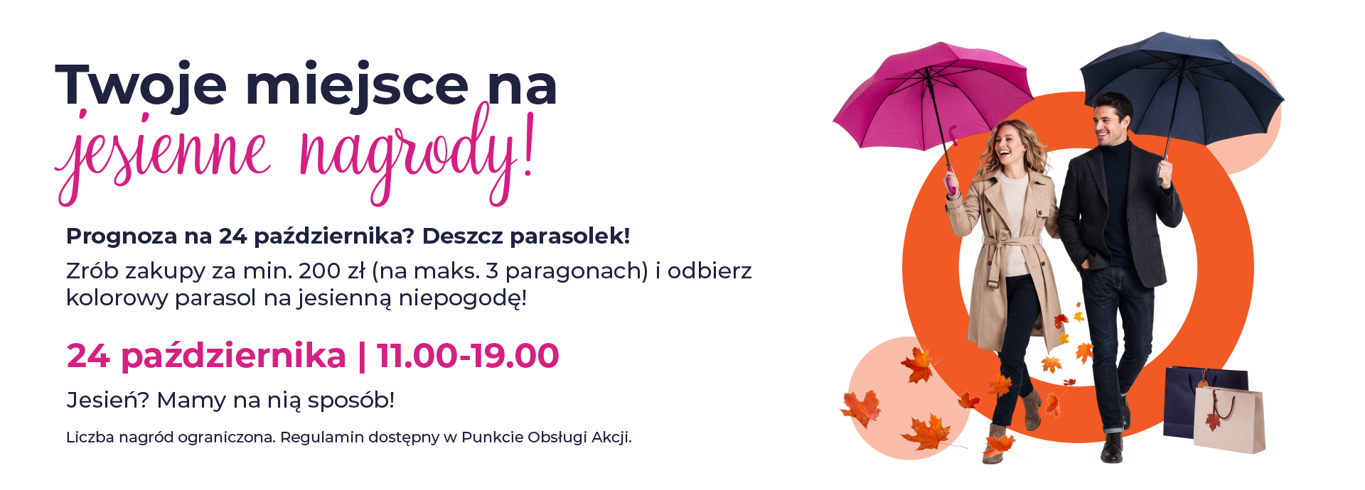 Osoby z parasolami promujące jesienne nagrody.