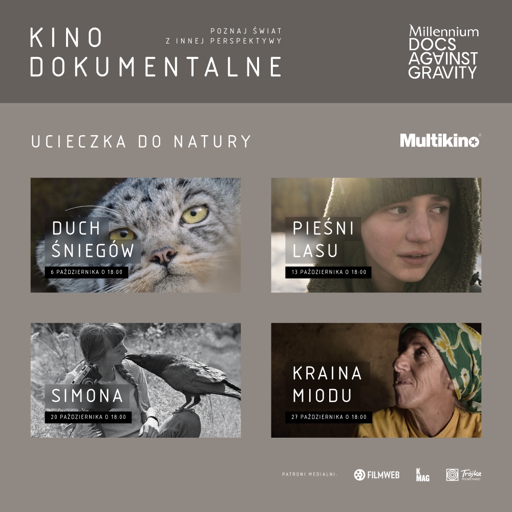Plakat promujący kino dokumentalne o naturze z czterema filmami.