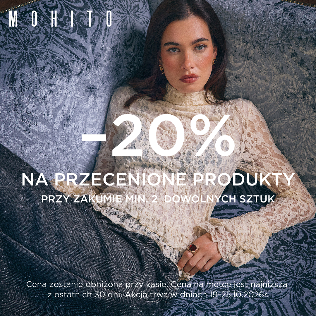 Kobieta w zimowej modzie, promocja -20% na przecenione produkty.