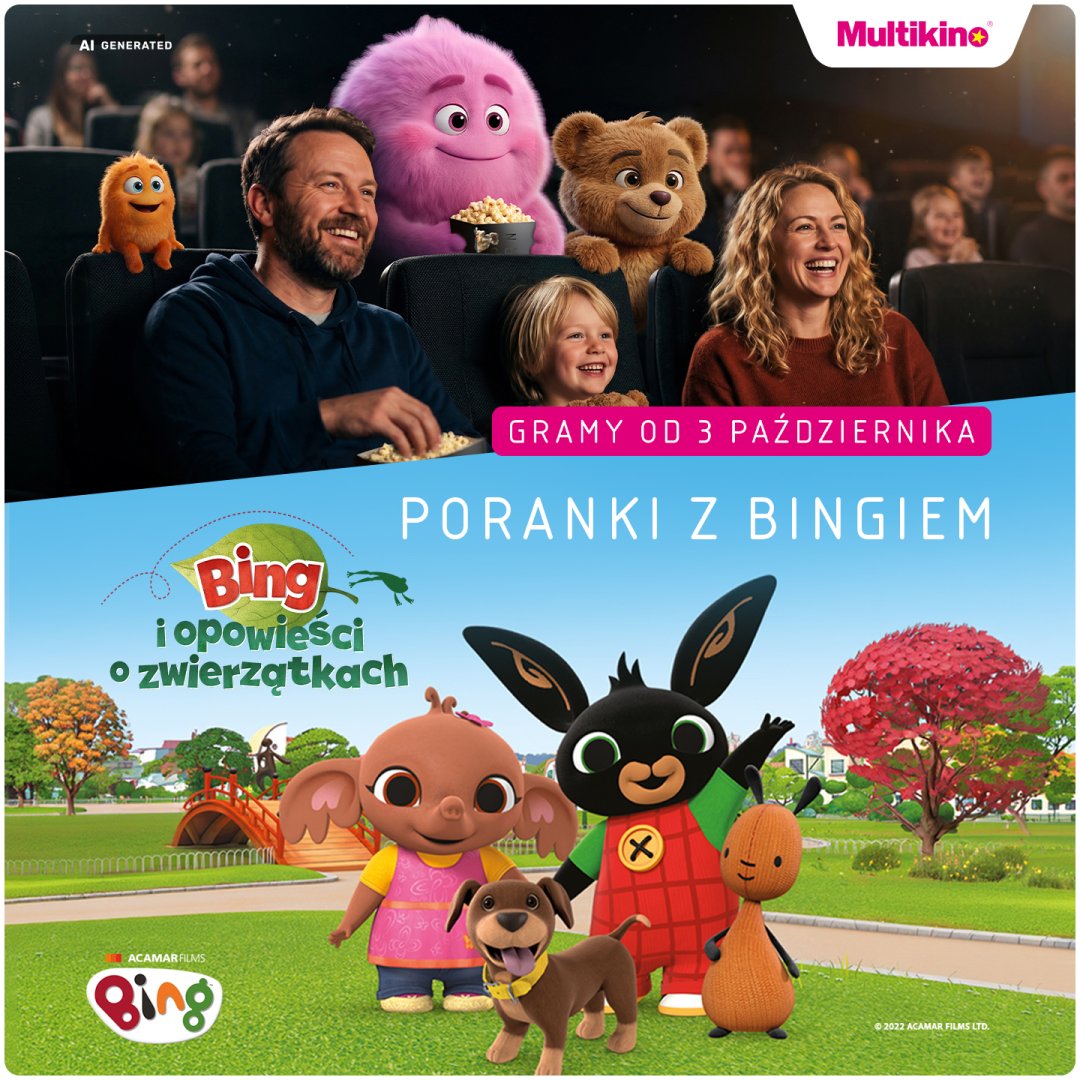 Rodzina ogląda film animowany z postaciami z bajki Bing w kinie.