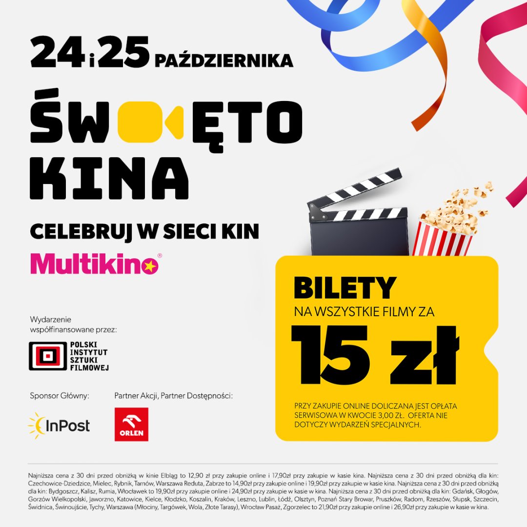 Plakat promujący Święto Kina 2023 z biletami za 15 zł.