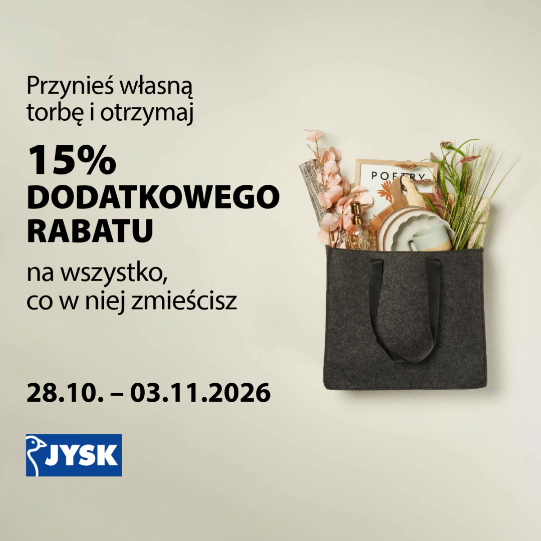 Torba z produktami i promocja rabatowa w JYSK.