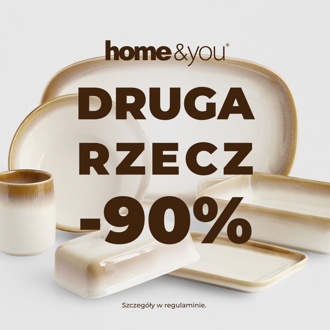 Zestaw naczyń w promocji z napisem 'Druga rzecz -90%'.